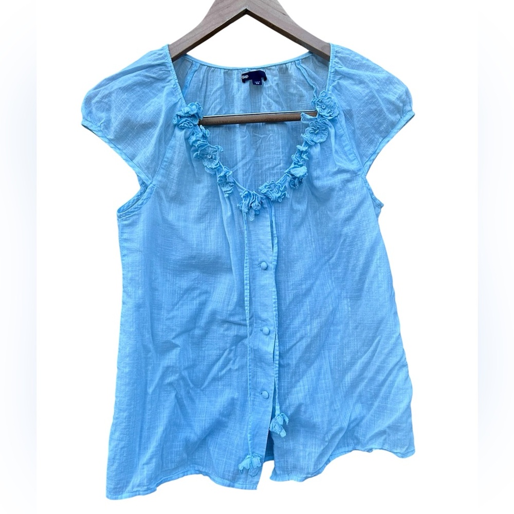 GAP Shirt Top Ruffle Blouse Blue Cotton Cottagecore French Girl XS